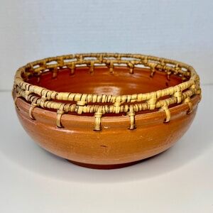 Vintage 90s Terracotta Bowl with Woven Reed Rim, handcrafted in Nigeria